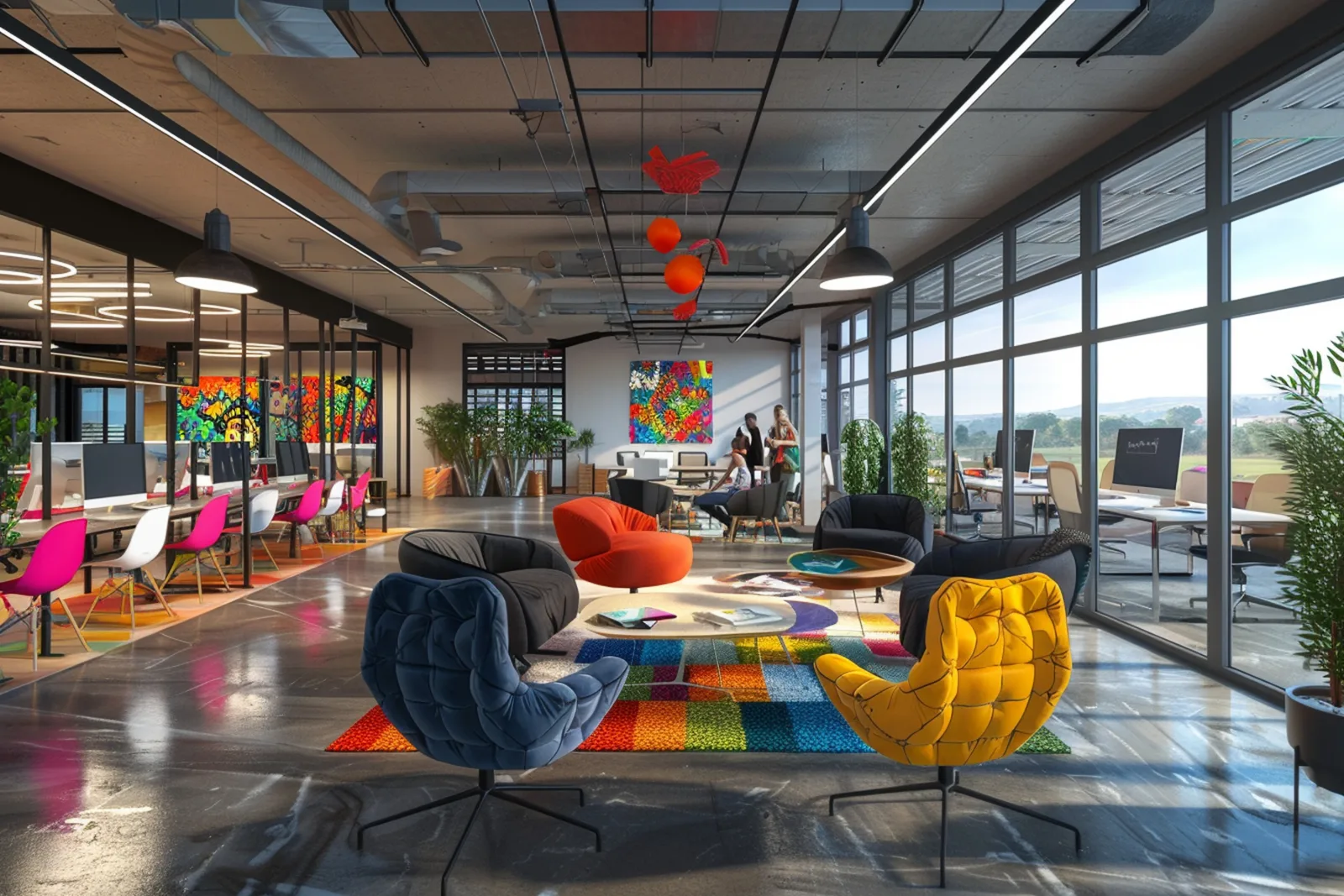 Flexible collaborative workspace with modular colorful seating