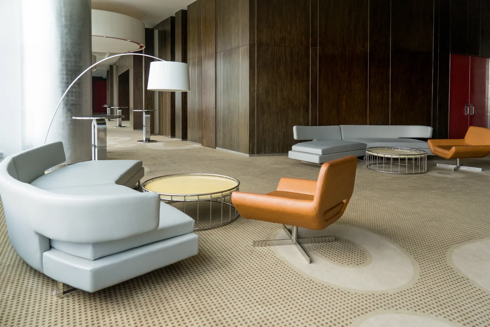 Comfortable lounge seating in a modern office lobby