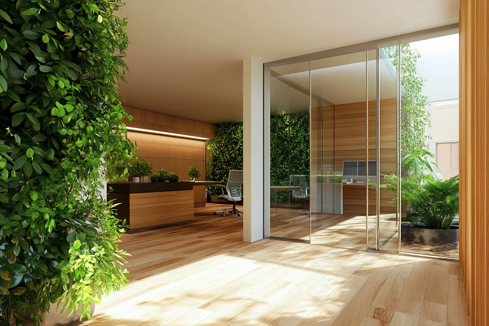 Office with living green walls and natural wood floors