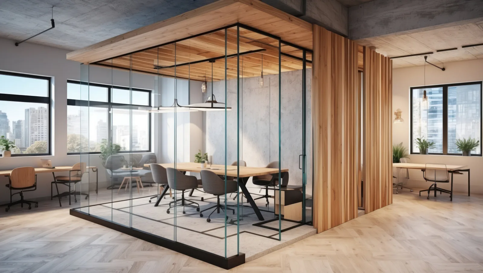 Modern wooden office with a modular glass meeting box