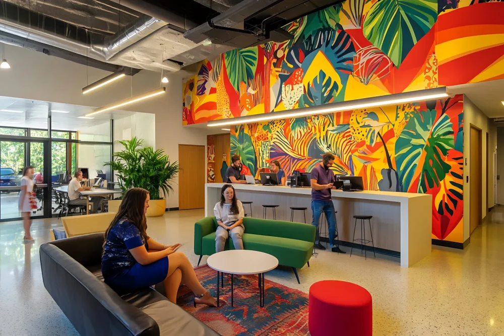 Office lobby with a bold tropical mural expressing brand identity