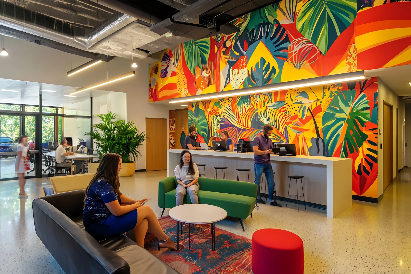 Office lobby with a bold tropical mural expressing brand identity