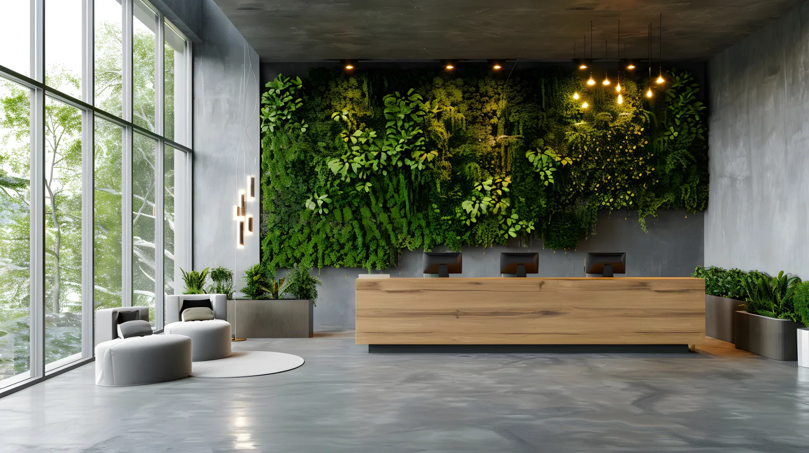Office reception with a large living green wall on concrete